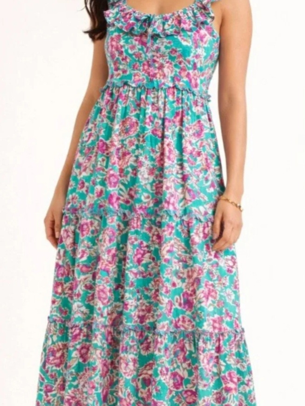 J Crew Floral Tiered Maxi Dress in Teal and Pink 8 New